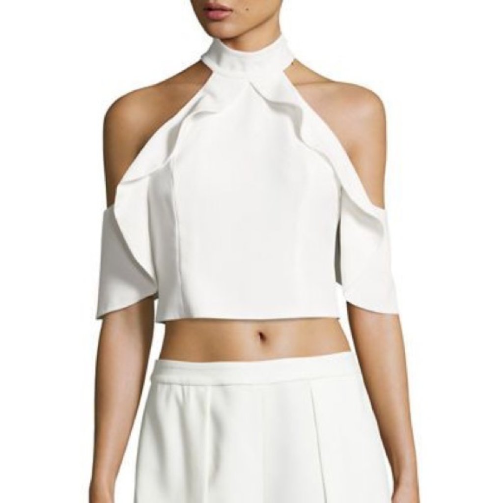 Alice + Olivia Ivory Cabot Ruffle Cold Shoulder Crop Top 2